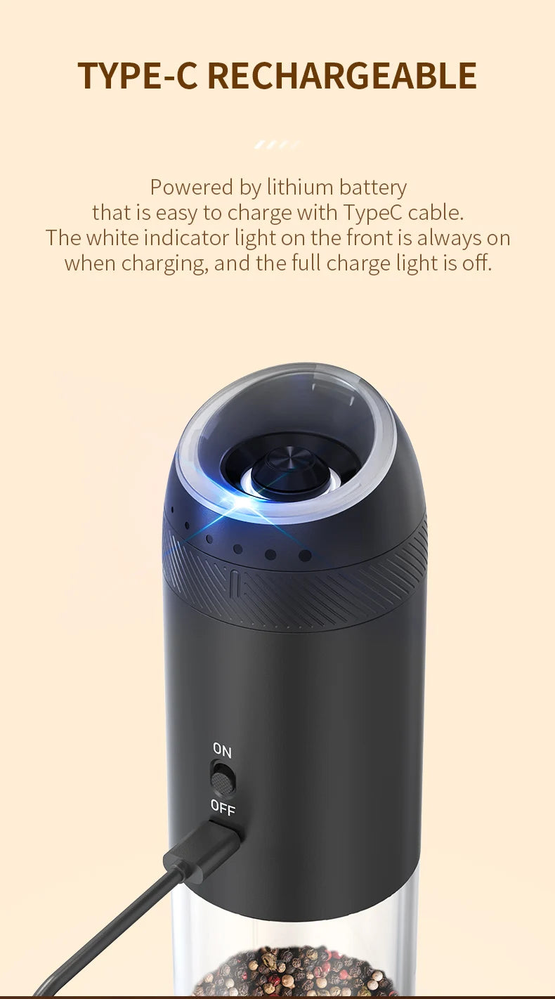 Electric Salt &amp; Pepper Grinder – Integrated LED, Automatic Gravity, Rechargeable – 1 or 2 pieces