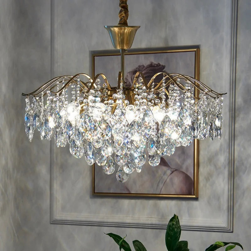 Lustre Cristal Style Français – LED E14 – Cristal Transparent ou Ambré – 3 Tailles – Salon &amp; Salle à Manger