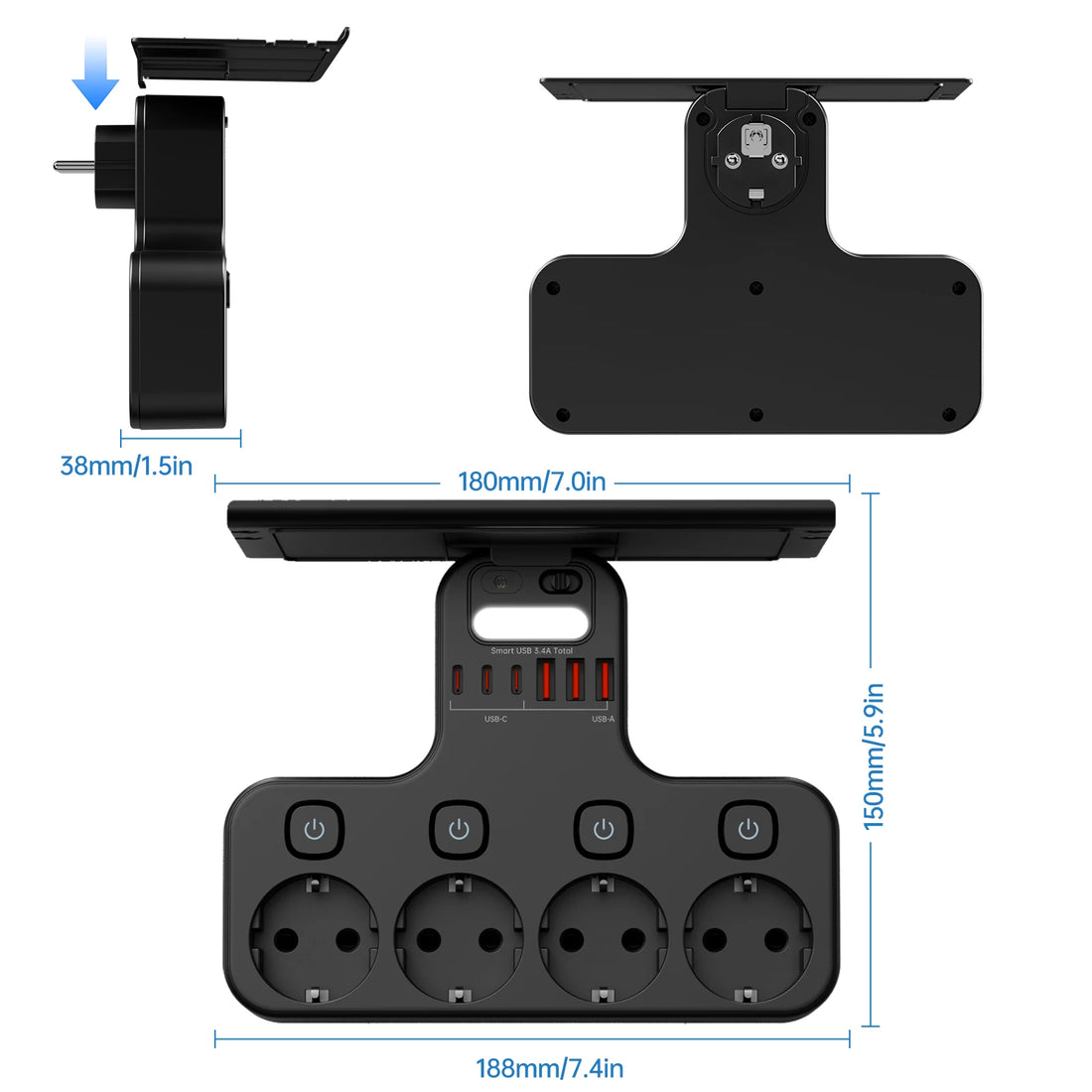 Multiprise EU Multifonction 4000W – 4 Prises, 4 USB, Veilleuse &amp; Support Téléphone