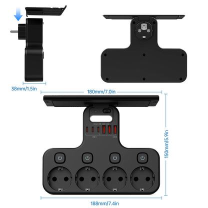 Multiprise EU Multifonction 4000W – 4 Prises, 4 USB, Veilleuse &amp; Support Téléphone