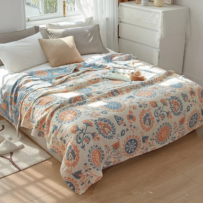 Jeté de Lit 100% Coton Muslin Jacquard – Motifs Floraux | Canapé &amp; Chambre