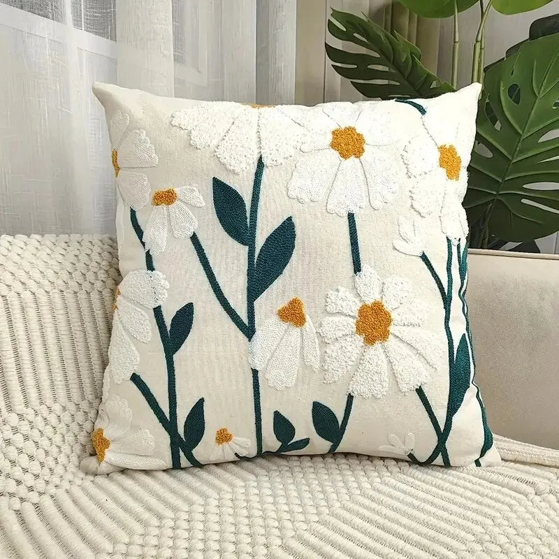 Housse de Coussin Boho Florale Brodée – Coton Doux | Déco Canapé &amp; Lit