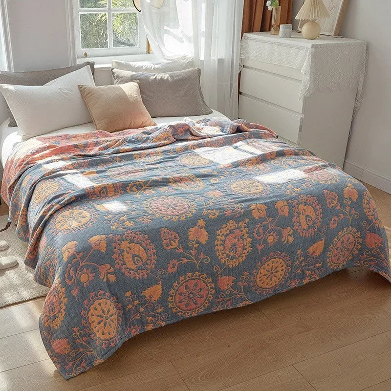 Jeté de Lit 100% Coton Muslin Jacquard – Motifs Floraux | Canapé &amp; Chambre