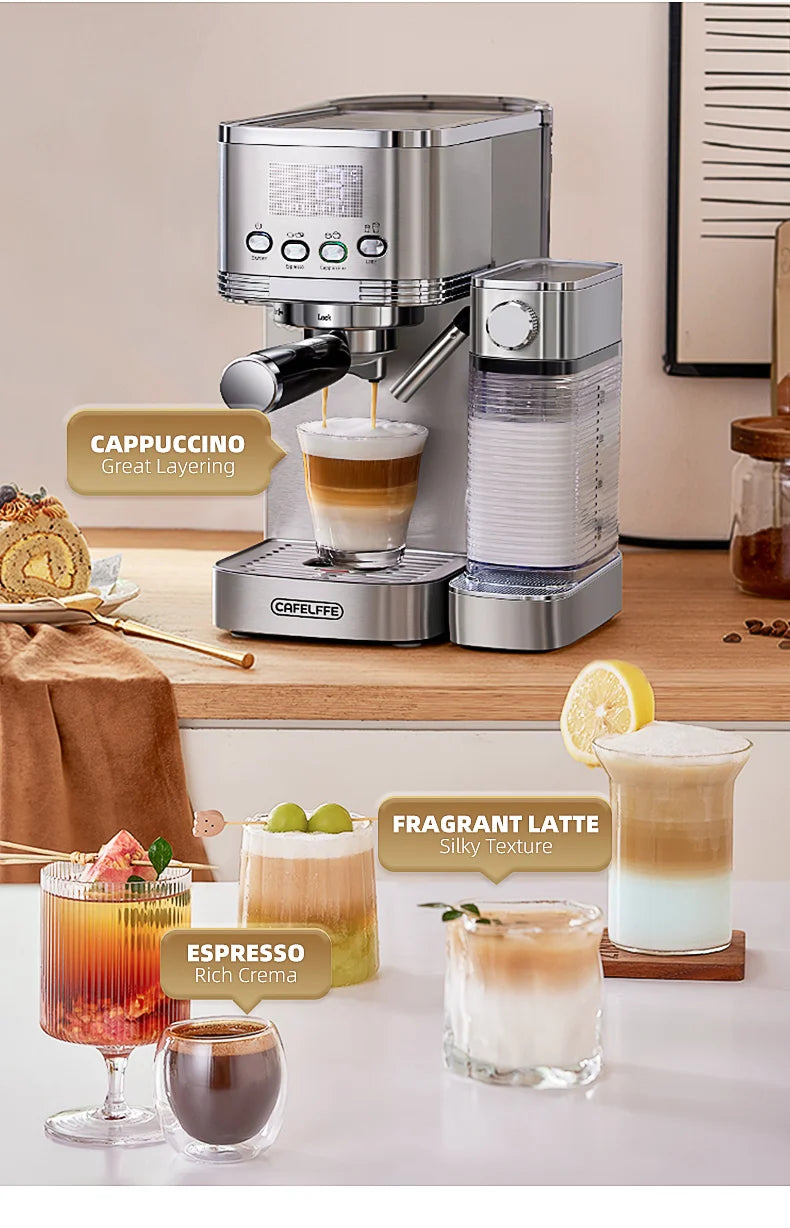 Machine à Café Expresso Automatique 20 Bars – Mousseur de Lait Intégré, Acier Inoxydable, Cappuccino &amp; Latte