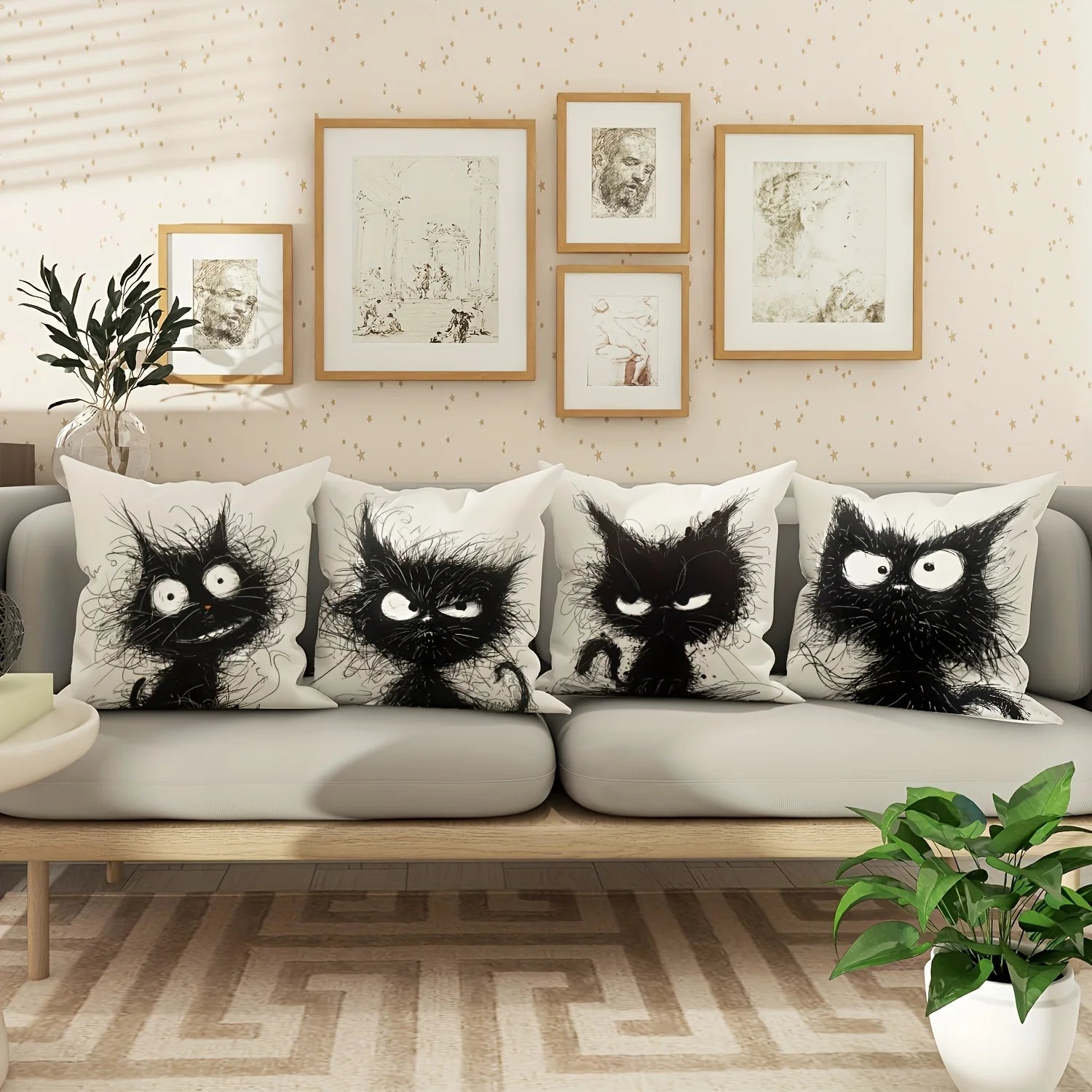 Housse de Coussin Décorative en Lin – Motif Chat Fantaisie | 45x45 cm