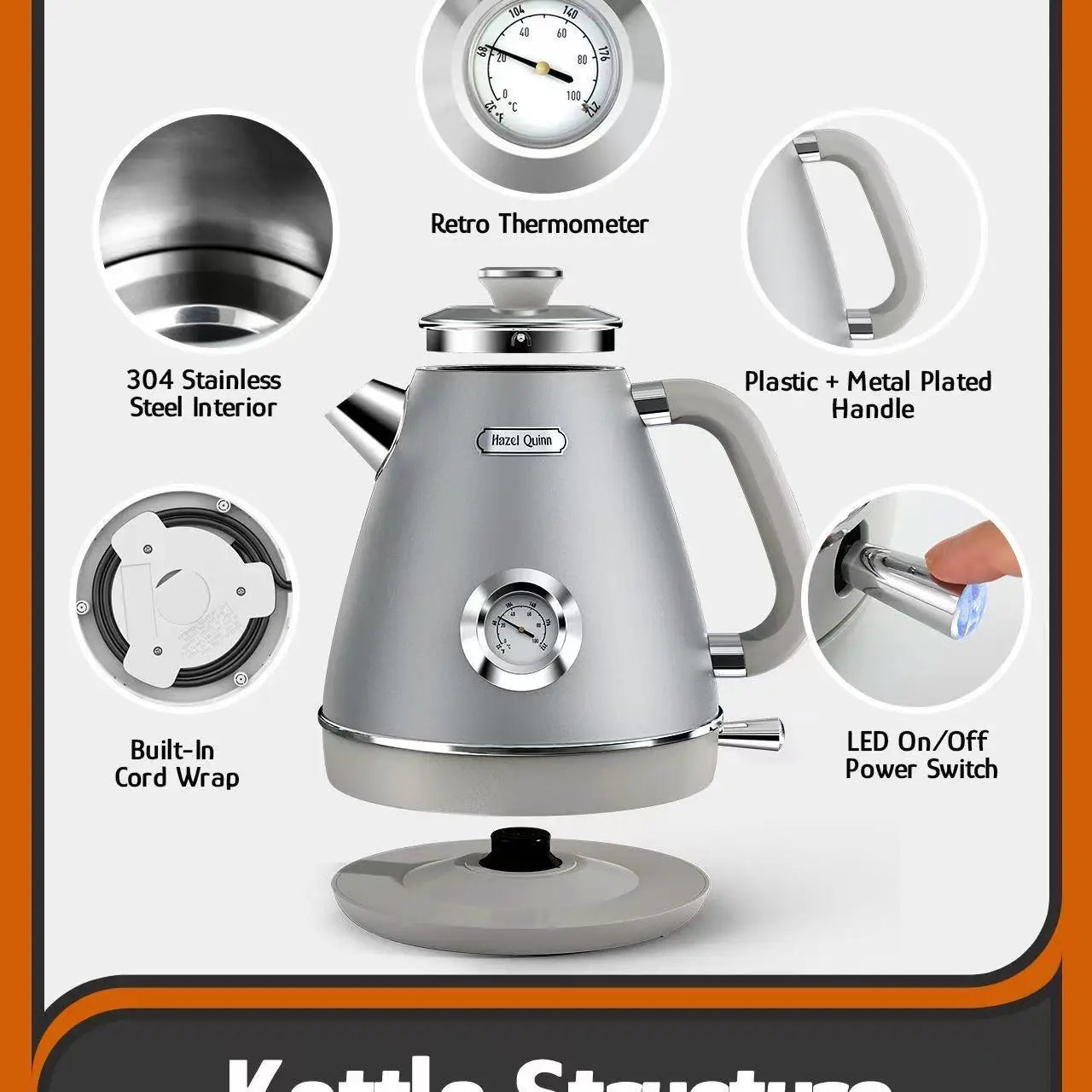 Bouilloire Rétro Électrique 1.8L – Inox 304, Thermomètre, Anti-Calcaire