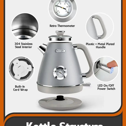 Bouilloire Rétro Électrique 1.8L – Inox 304, Thermomètre, Anti-Calcaire