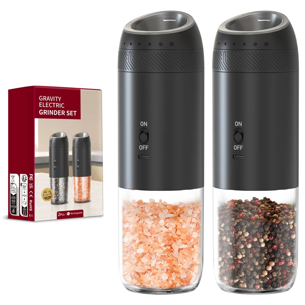Moulin Électrique Sel &amp; Poivre – LED Intégrée, Gravité Automatique, Rechargeable – 1 ou 2 pièces