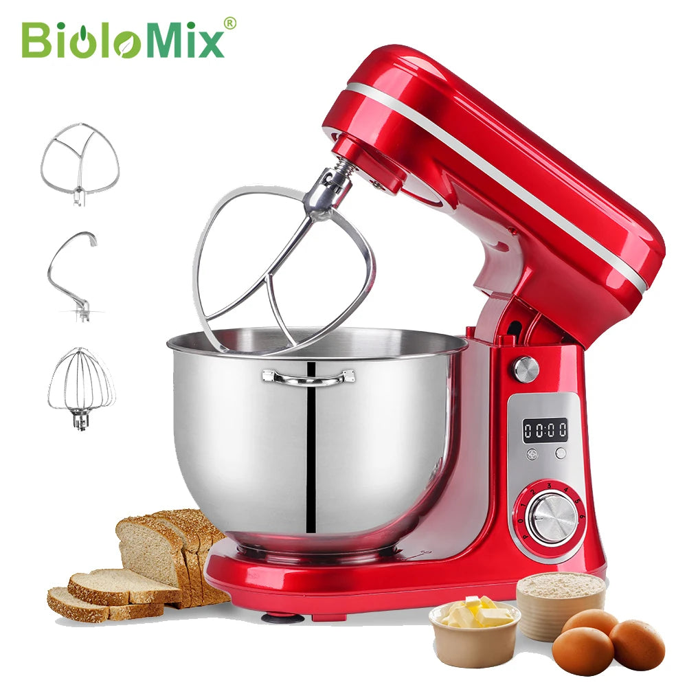 BioloMix Robot Pâtissier 6L – 1200W, 6 Vitesses, Silencieux, Fouet / Pétrin / Batteur