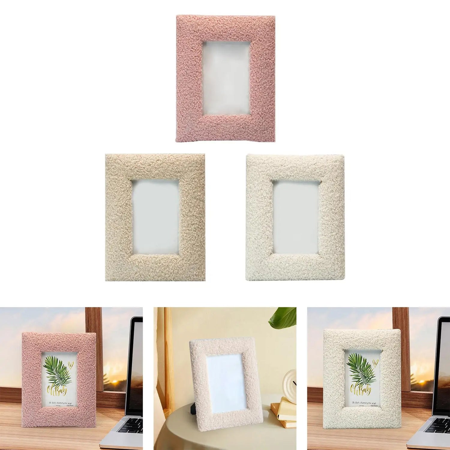 Cadre Photo Décoratif 🖼️ | Bois &amp; Peluche – Style Minimaliste – Poser ou Accrocher – 3 Coloris