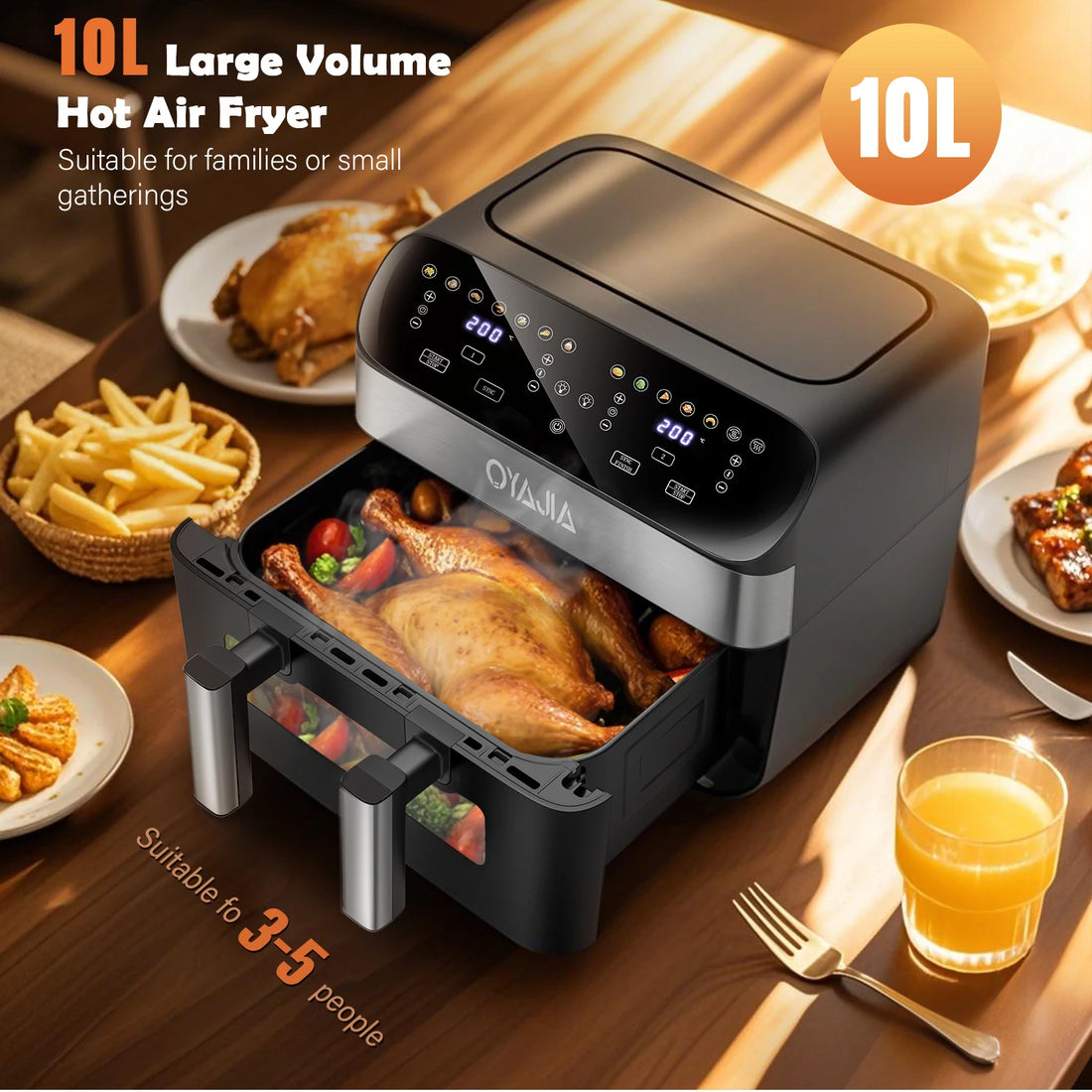 Friteuse à Air Double Zone 10L 🍟 | 2400W – 8 Modes – Écran Tactile LED – Sans Huile
