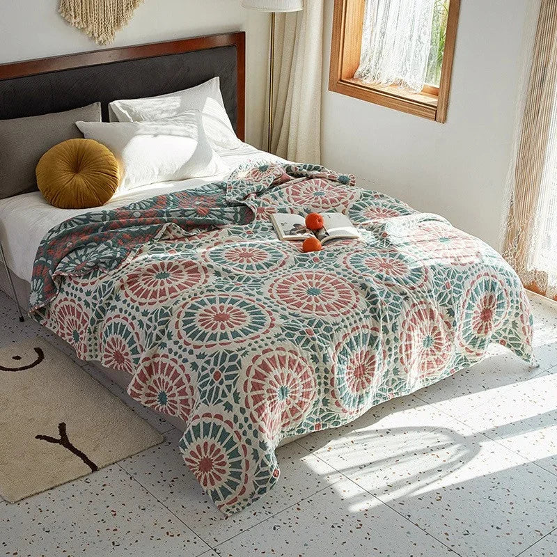 Jeté de Lit 100% Coton Muslin Jacquard – Motifs Floraux | Canapé &amp; Chambre