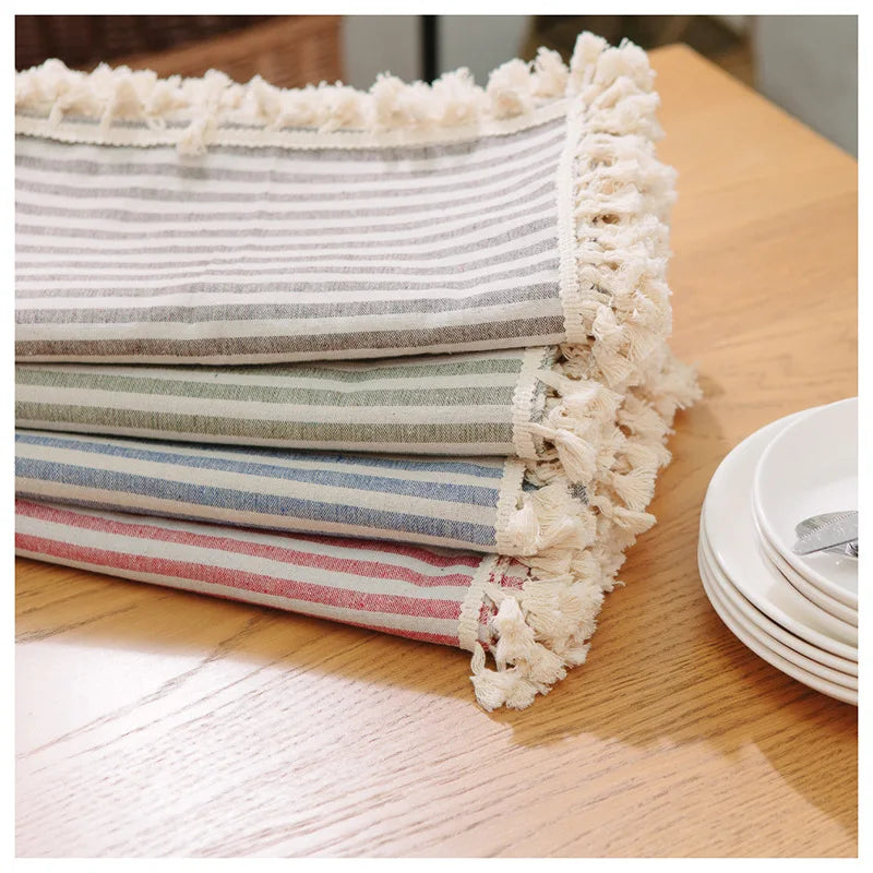 Nappe Coton &amp; Lin à Rayures – Style Bohème avec Franges – Multi Tailles