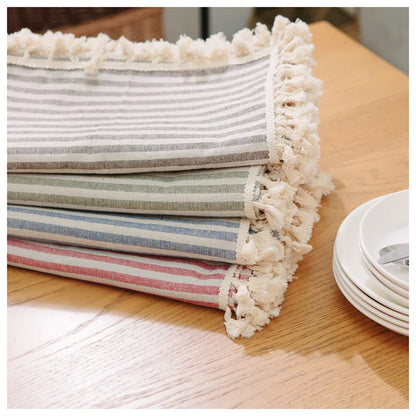 Nappe Coton &amp; Lin à Rayures – Style Bohème avec Franges – Multi Tailles