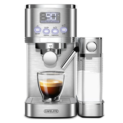 Machine à Café Expresso Automatique 20 Bars – Mousseur de Lait Intégré, Acier Inoxydable, Cappuccino &amp; Latte