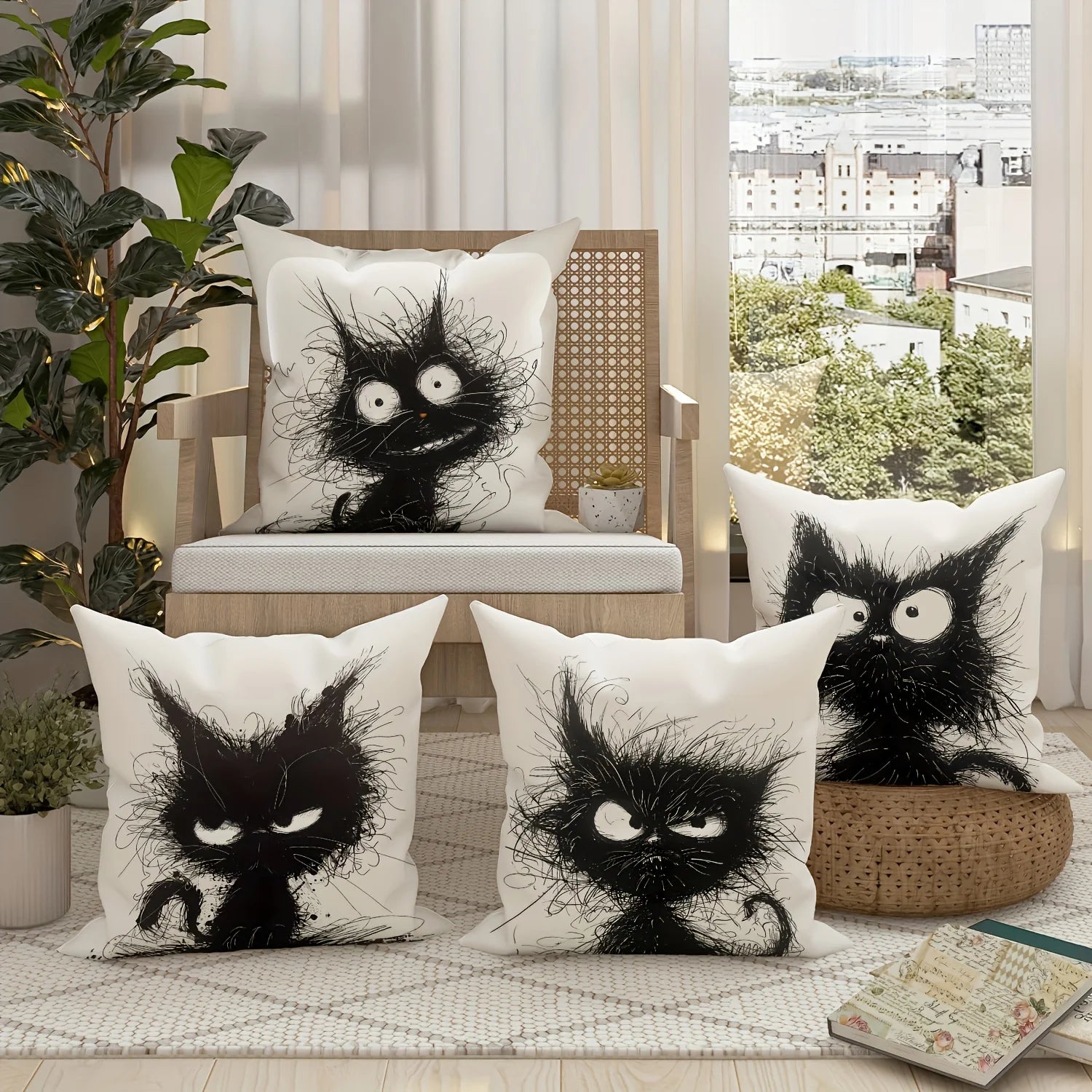 Housse de Coussin Décorative en Lin – Motif Chat Fantaisie | 45x45 cm