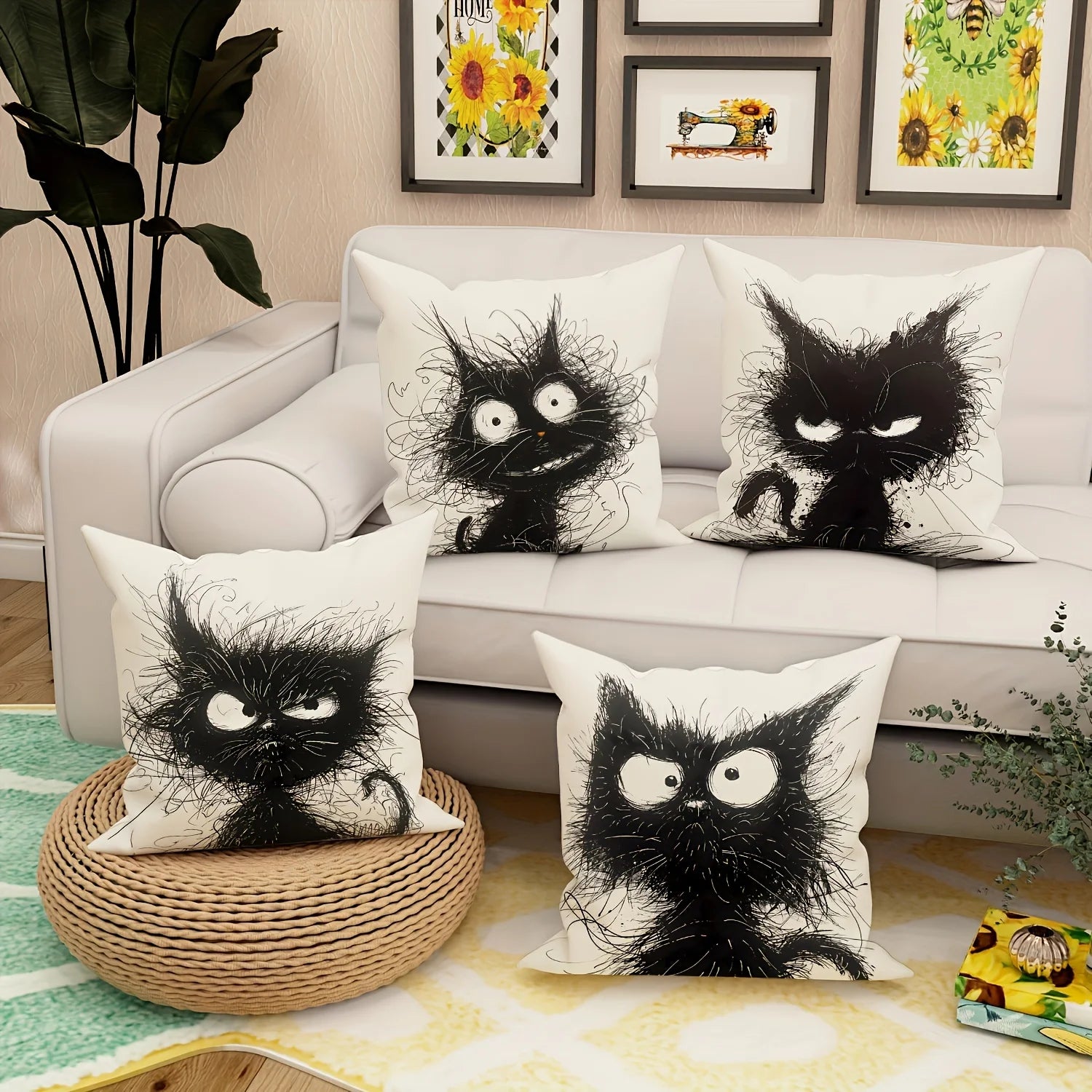 Housse de Coussin Décorative en Lin – Motif Chat Fantaisie | 45x45 cm
