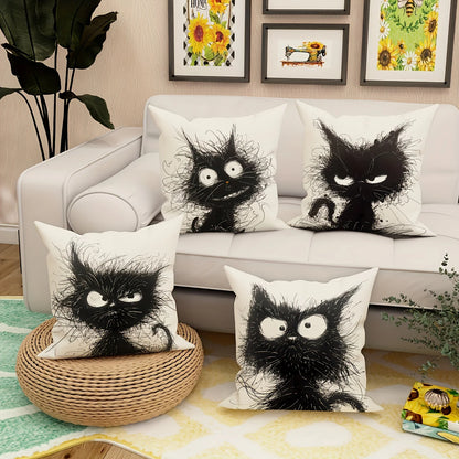 Housse de Coussin Décorative en Lin – Motif Chat Fantaisie | 45x45 cm