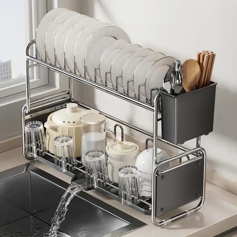 Égouttoir à Vaisselle avec Bac d’Égouttage – Antirouille – 1 ou 2 Niveaux – Gris &amp; Crème