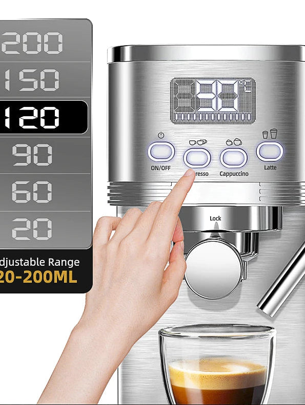 Machine à Café Expresso Automatique 20 Bars – Mousseur de Lait Intégré, Acier Inoxydable, Cappuccino &amp; Latte