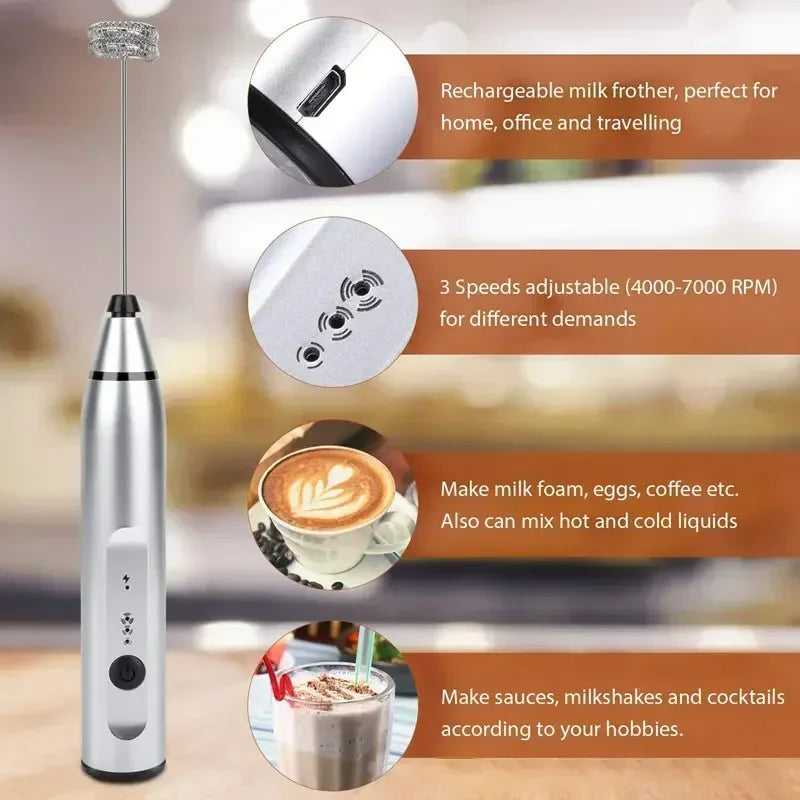 Mousseur à Lait Électrique USB – Mixeur à Main 3‑en‑1 pour Café &amp; Cappuccino