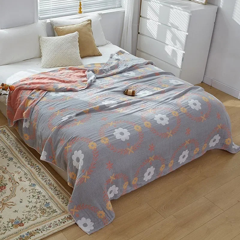 Jeté de Lit 100% Coton Muslin Jacquard – Motifs Floraux | Canapé &amp; Chambre