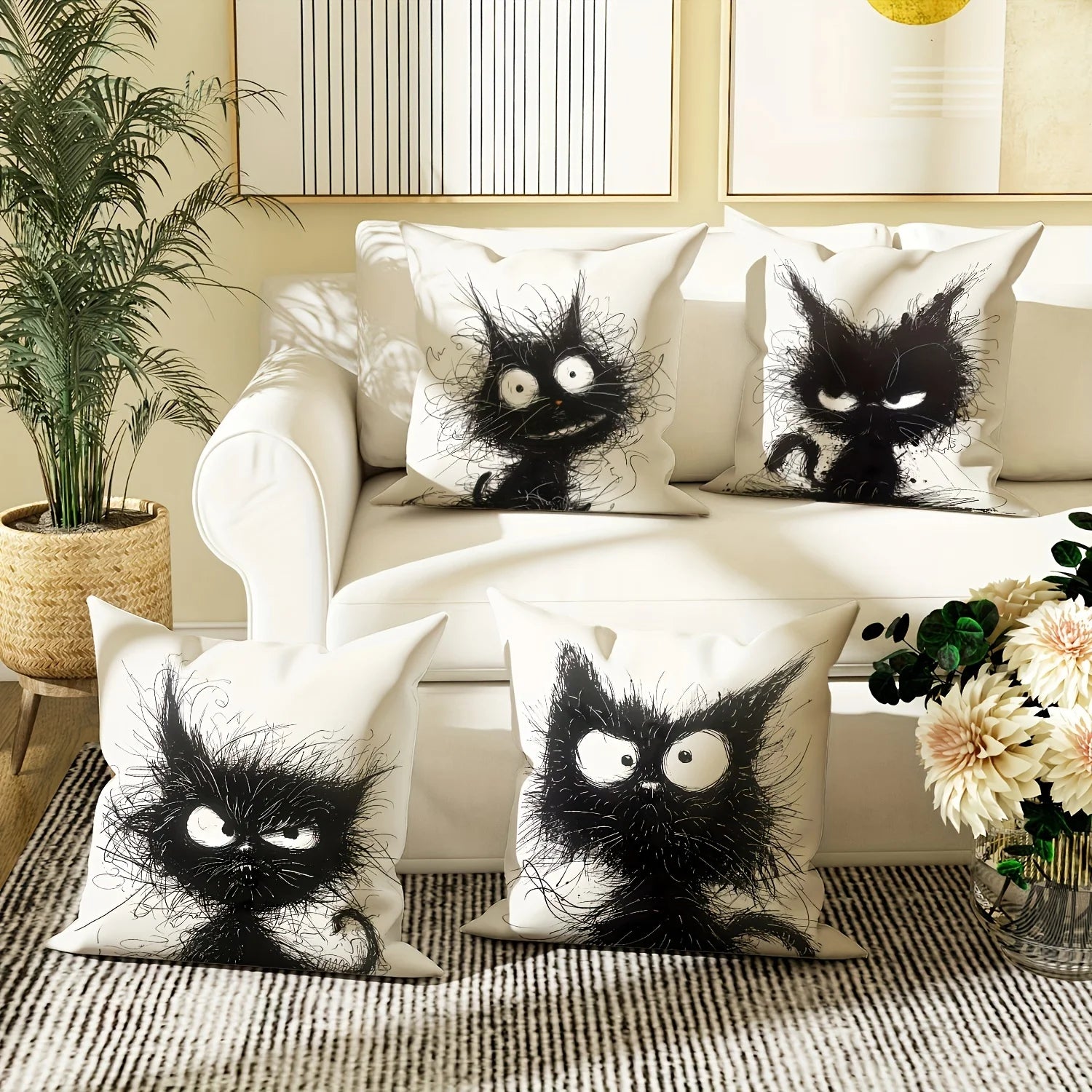 Housse de Coussin Décorative en Lin – Motif Chat Fantaisie | 45x45 cm