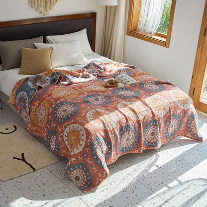 Jeté de Lit 100% Coton Muslin Jacquard – Motifs Floraux | Canapé &amp; Chambre