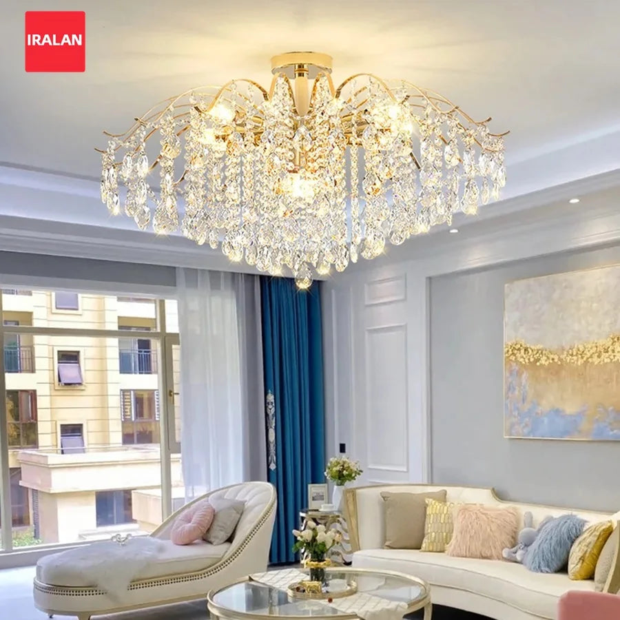Lustre Cristal Doré LED 3 Couleurs – 6 à 14 Têtes, Plafonnier Luxe Moderne | Gold Crystal Chandelier