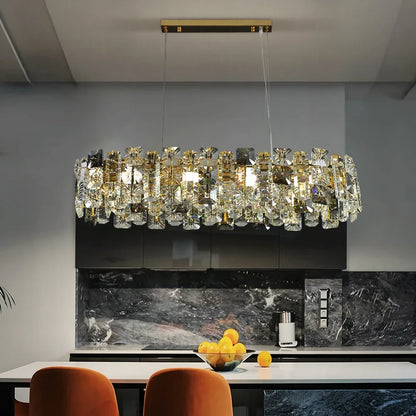 Lustre Cristal Ovale Doré LED – Salle à Manger &amp; îlot de Cuisine, L95 ou L120cm | Oval Gold Chandelier