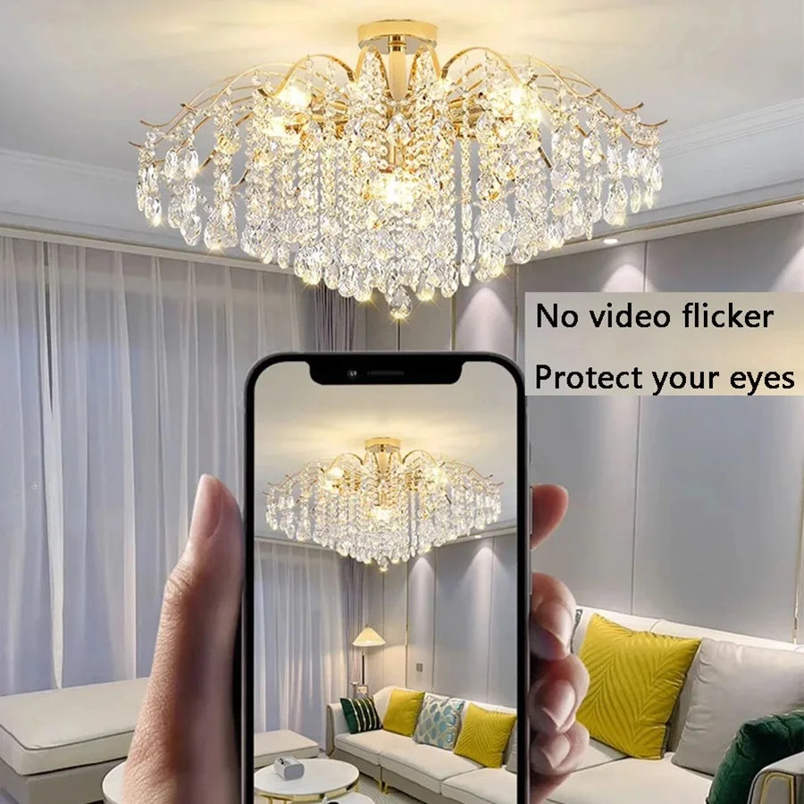 Lustre Cristal Doré LED 3 Couleurs – 6 à 14 Têtes, Plafonnier Luxe Moderne | Gold Crystal Chandelier