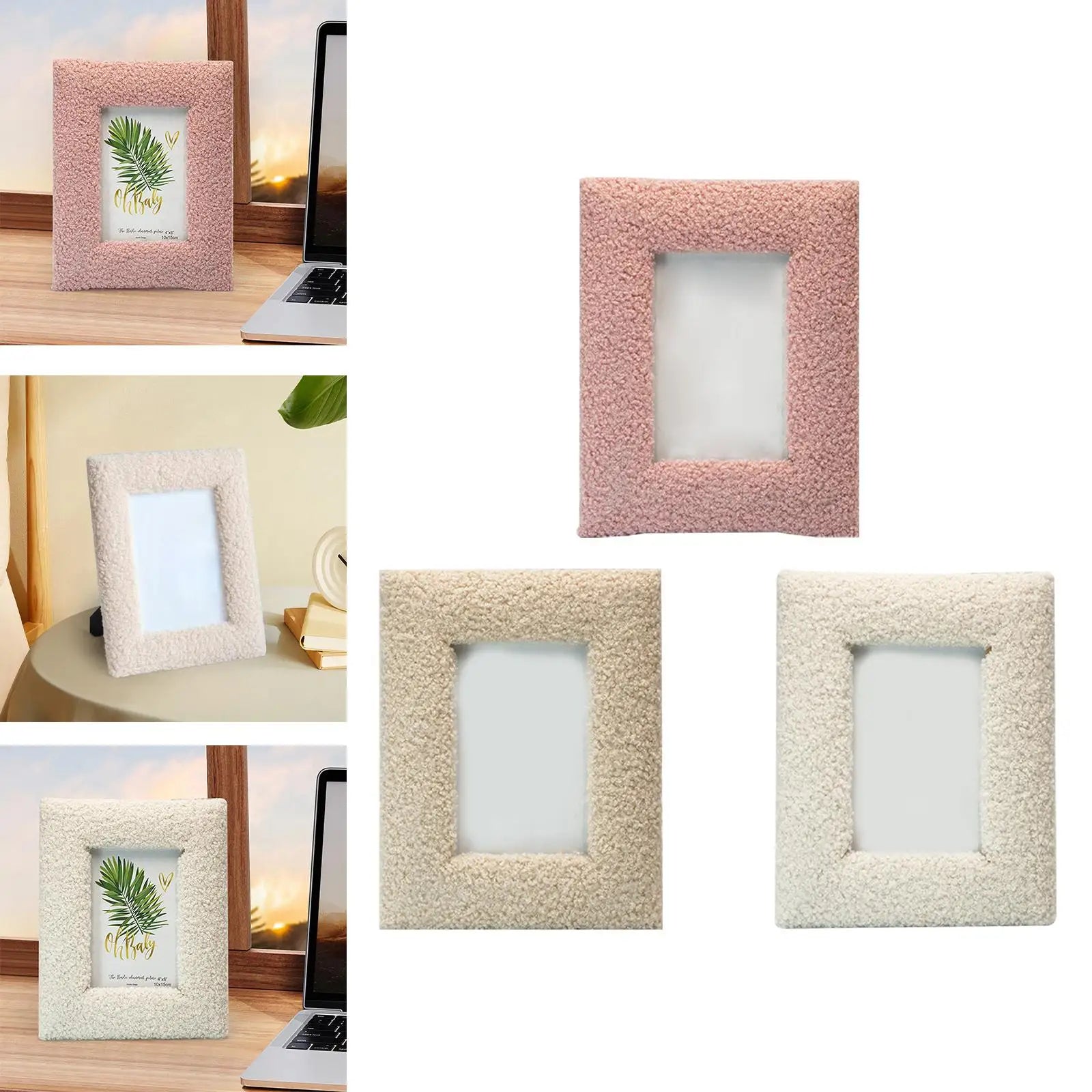 Cadre Photo Décoratif 🖼️ | Bois &amp; Peluche – Style Minimaliste – Poser ou Accrocher – 3 Coloris