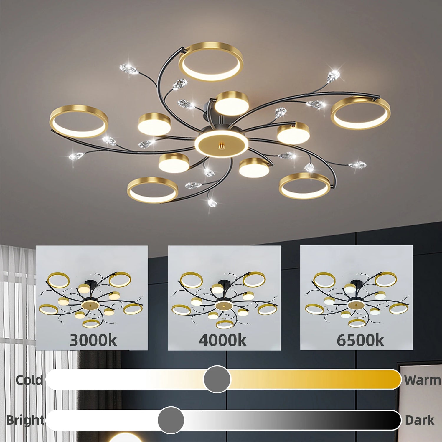 Lustre Plafonnier LED Doré Style Nordique – Dimmable Télécommande – 6, 8 ou 10 Lumières – Salon &amp; Hôtel