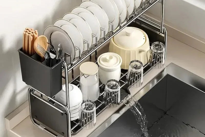 Égouttoir à Vaisselle avec Bac d’Égouttage – Antirouille – 1 ou 2 Niveaux – Gris &amp; Crème