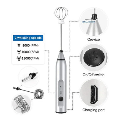 Mousseur à Lait Électrique USB – Mixeur à Main 3‑en‑1 pour Café &amp; Cappuccino