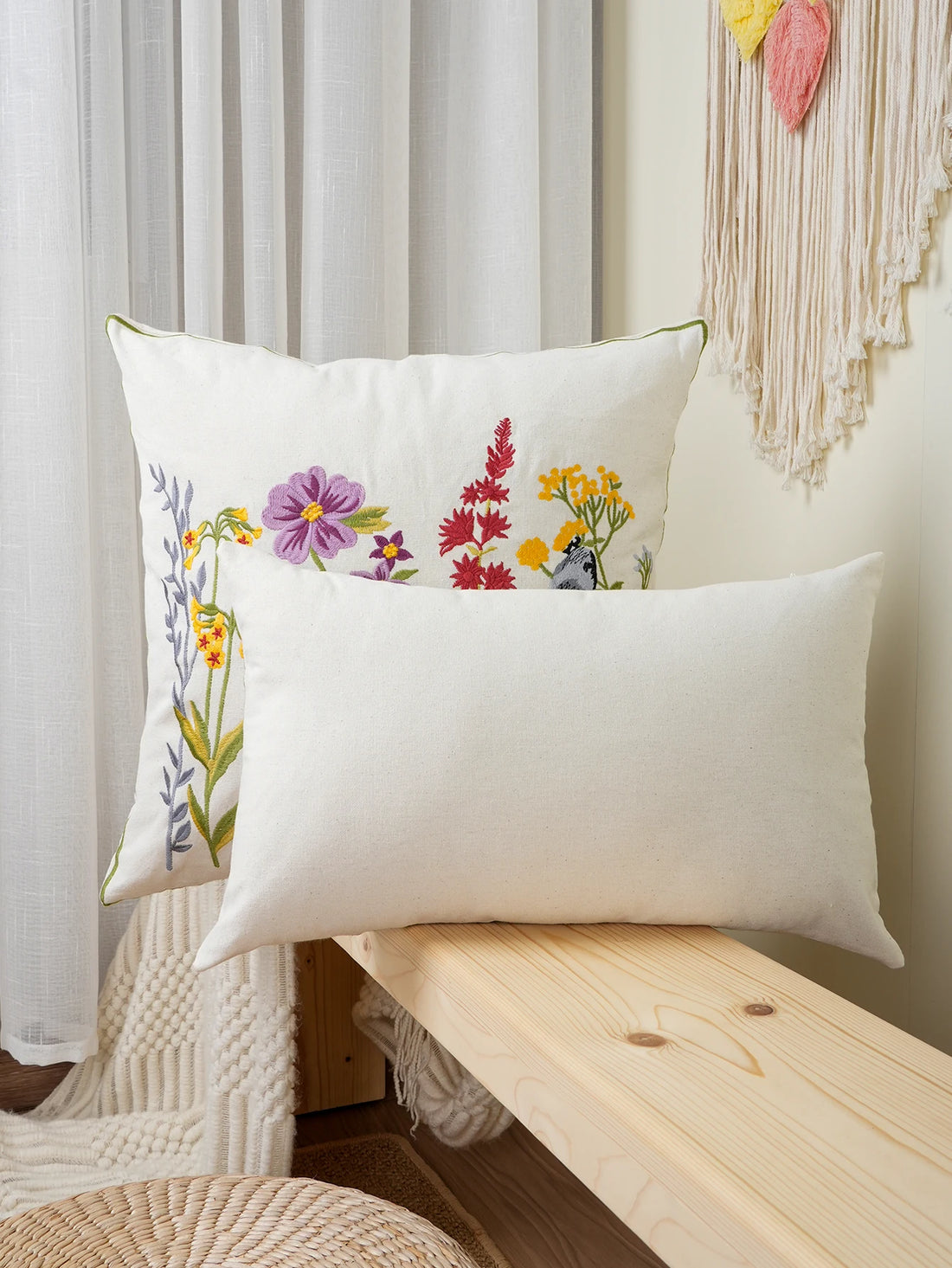 Housse de Coussin Brodée 🌸 | Fleurs &amp; Oiseaux – 3 Tailles – Zip Invisible – Déco Canapé