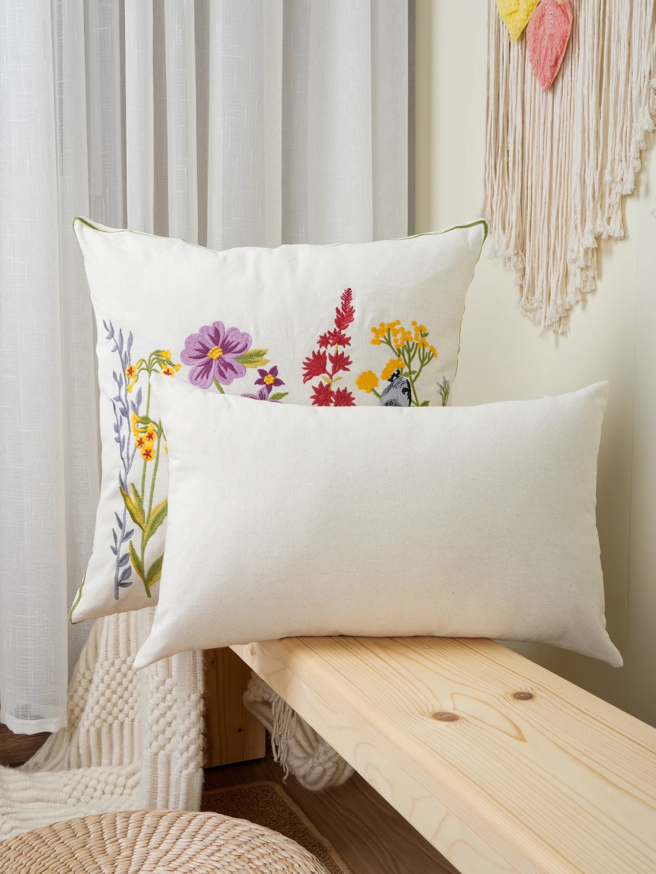 Housse de Coussin Brodée 🌸 | Fleurs &amp; Oiseaux – 3 Tailles – Zip Invisible – Déco Canapé