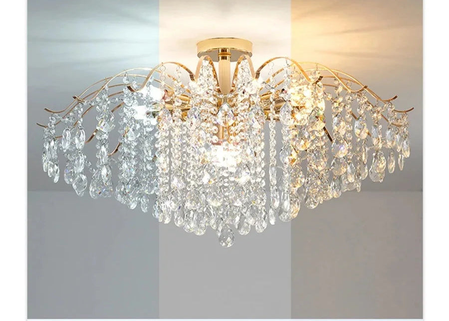 Lustre Cristal Doré LED 3 Couleurs – 6 à 14 Têtes, Plafonnier Luxe Moderne | Gold Crystal Chandelier