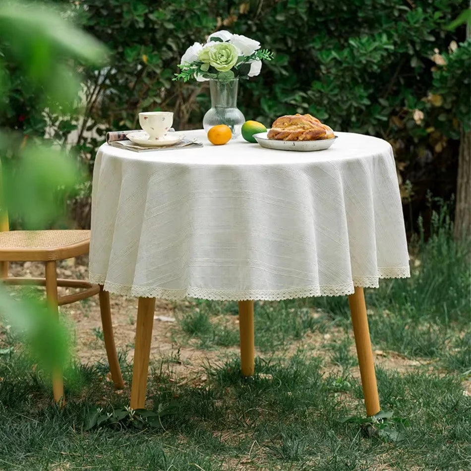 Nappe Ronde Coton Lin 🌸 | Volants &amp; Dentelle – Table Vintage Mariage Fêtes