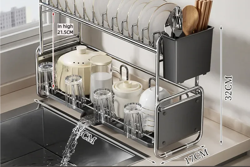 Égouttoir à Vaisselle avec Bac d’Égouttage – Antirouille – 1 ou 2 Niveaux – Gris &amp; Crème