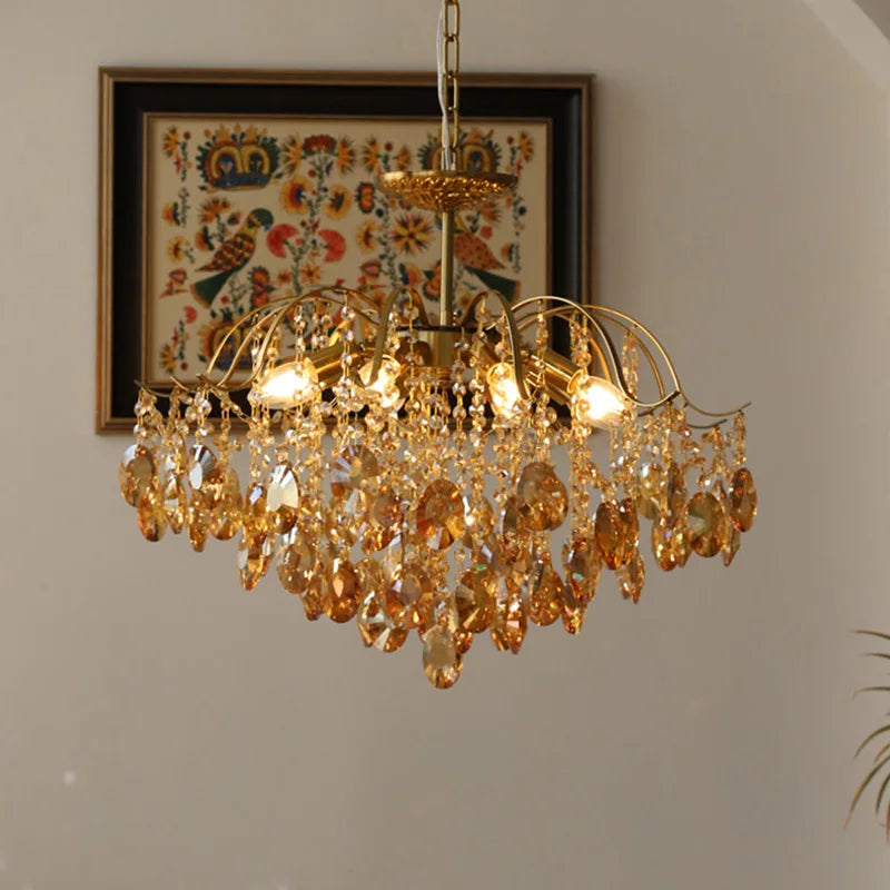 Lustre Cristal Style Français – LED E14 – Cristal Transparent ou Ambré – 3 Tailles – Salon &amp; Salle à Manger