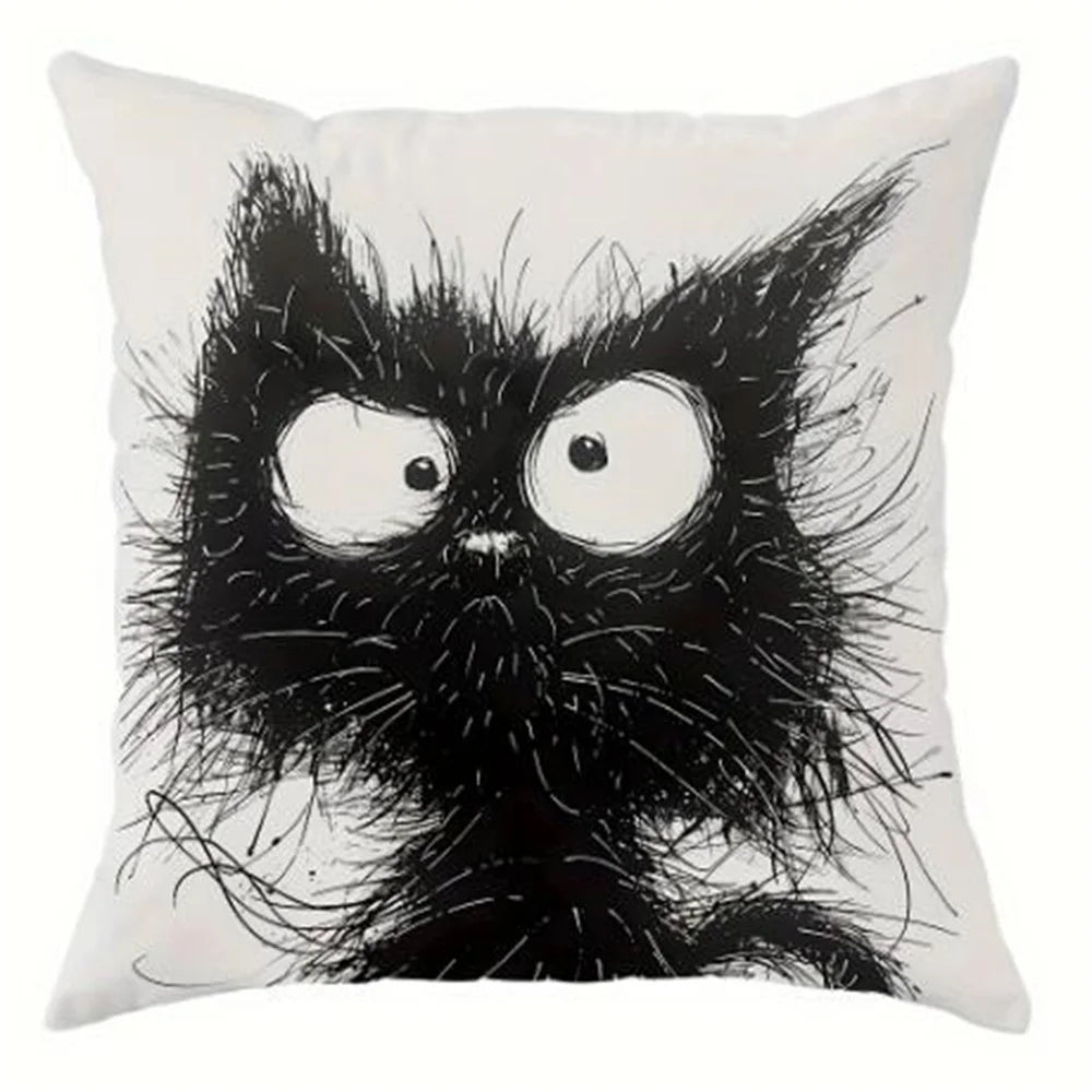 Housse de Coussin Décorative en Lin – Motif Chat Fantaisie | 45x45 cm