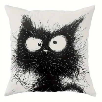 Housse de Coussin Décorative en Lin – Motif Chat Fantaisie | 45x45 cm