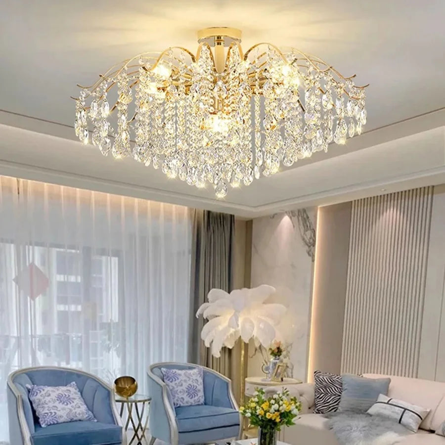 Lustre Cristal Doré LED 3 Couleurs – 6 à 14 Têtes, Plafonnier Luxe Moderne | Gold Crystal Chandelier