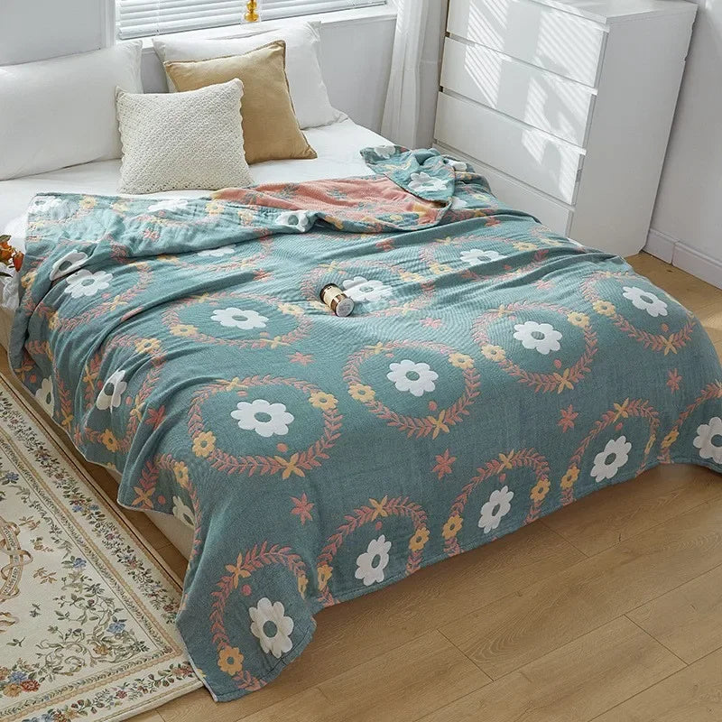 Jeté de Lit 100% Coton Muslin Jacquard – Motifs Floraux | Canapé &amp; Chambre