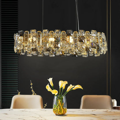 Lustre Cristal Ovale Doré LED – Salle à Manger &amp; îlot de Cuisine, L95 ou L120cm | Oval Gold Chandelier