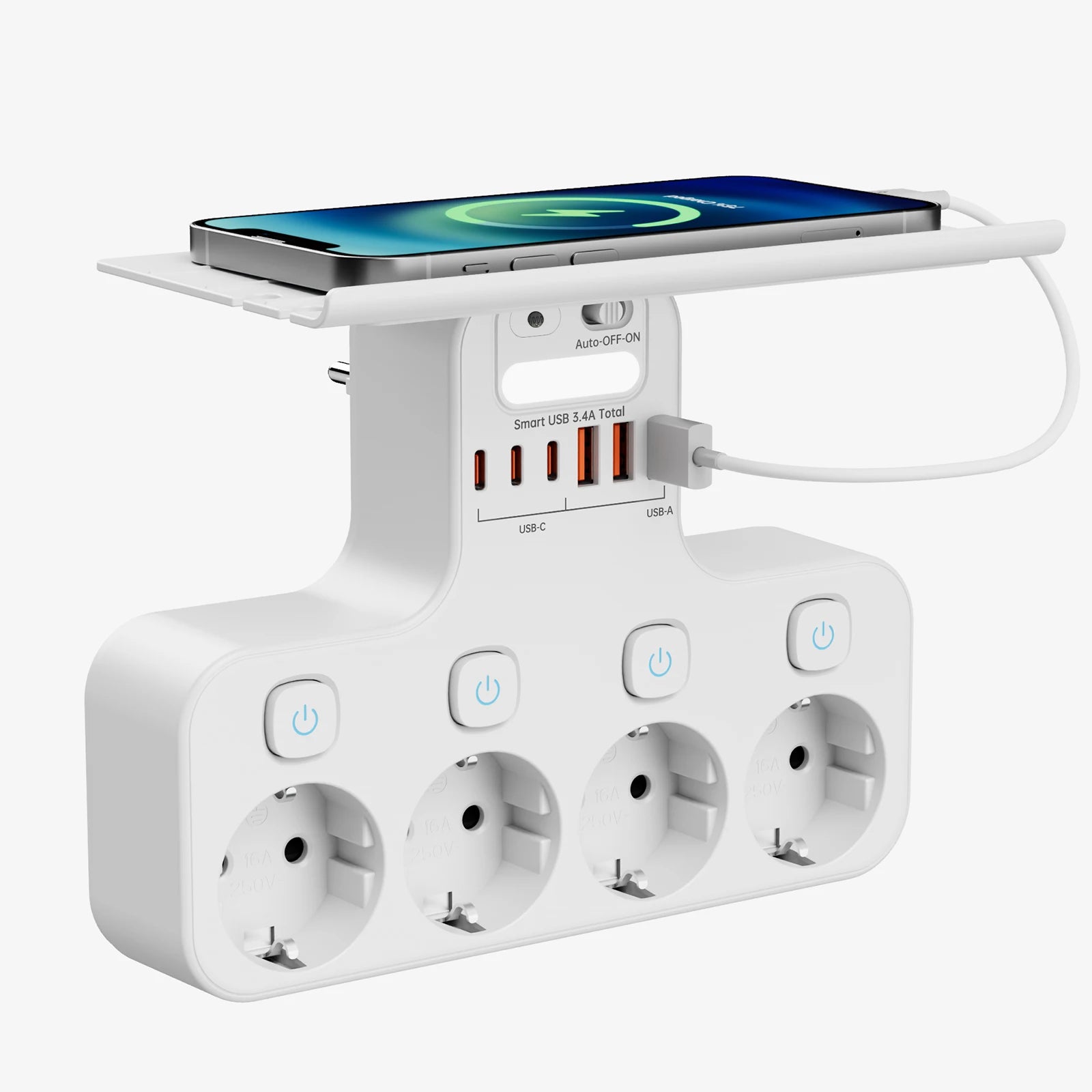 Multiprise EU Multifonction 4000W – 4 Prises, 4 USB, Veilleuse &amp; Support Téléphone