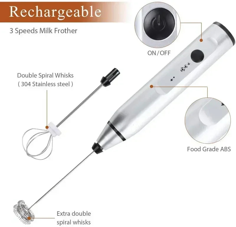 Mousseur à Lait Électrique USB – Mixeur à Main 3‑en‑1 pour Café &amp; Cappuccino