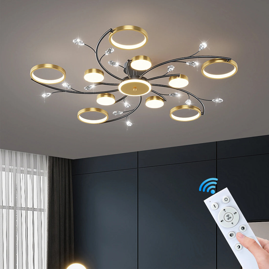 Lustre Plafonnier LED Doré Style Nordique – Dimmable Télécommande – 6, 8 ou 10 Lumières – Salon &amp; Hôtel