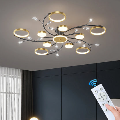Lustre Plafonnier LED Doré Style Nordique – Dimmable Télécommande – 6, 8 ou 10 Lumières – Salon &amp; Hôtel